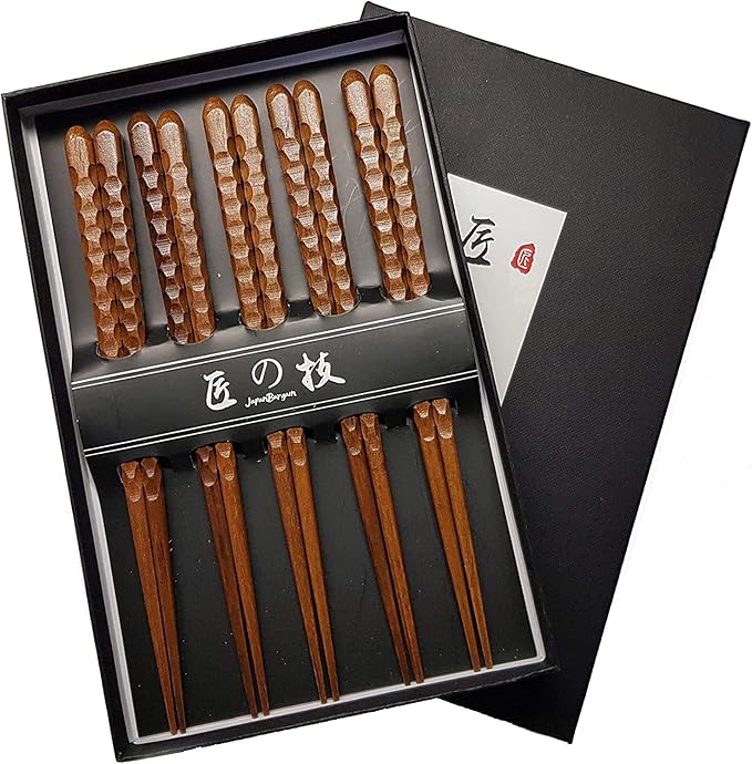 JapanBargain 4516, Hardwood Reusable Chopsticks Japanese Chinese Korean Wood Chop Sticks Hair Sticks 5 Pair Gift Boxed Set Dishwasher Safe, 9 inch, Natural