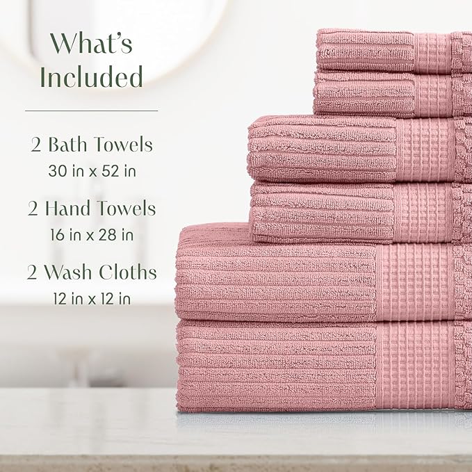Springtree Home 100% Cotton Bath Towel Set | 6 Piece Set | Absorbent & Quick-Dry Bath Towels | Textured and Durable Cotton | Krista Collection - Bridal Rose