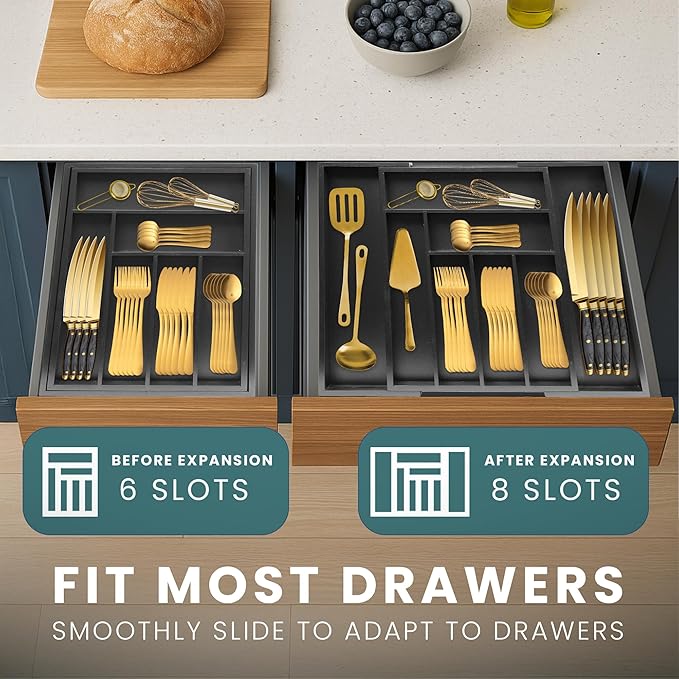 Sben Expandable Drawer Organizer for Utensils Holder, Adjustable Cutlery Tray, Wood Drawer Dividers Organizer for Silverware, Flatware, Knives for Kitchen (Black)