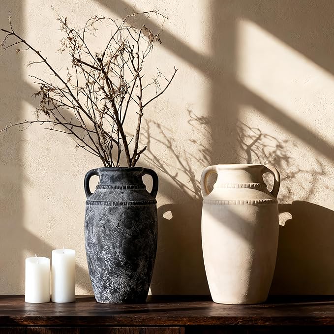 Beige Ceramic Vase with Handles, 10.5 Inch Boho Modern Aesthetic Textured Table Vases for Anthropologie Home Decor Centerpieces (Cream Beige White)