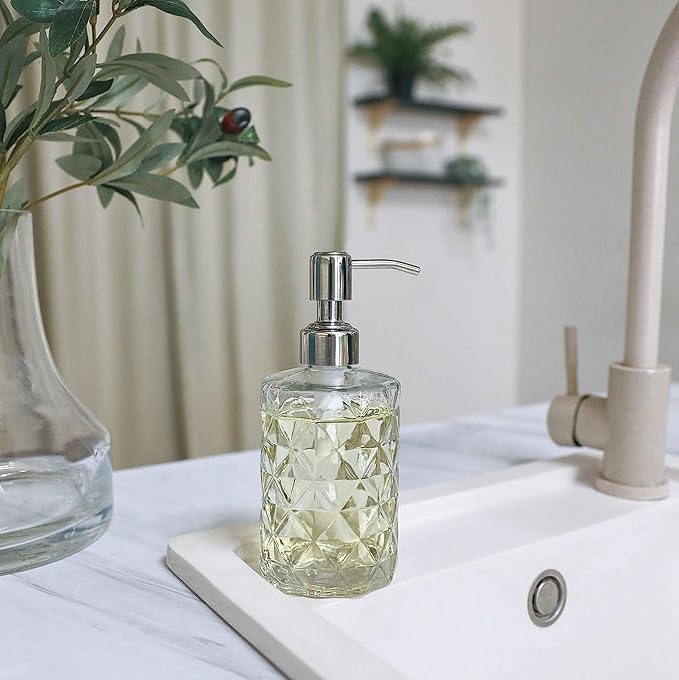 JASAI 2Pack Diamond Embossed Glass Soap Dispenser with 304 Rustproof Stainless Steel Pump, 12 OZ Bathroom soap Dispenser with A Wooden Tag, Elegant Hand Soap Dispenser for Bathroom & Kitchen