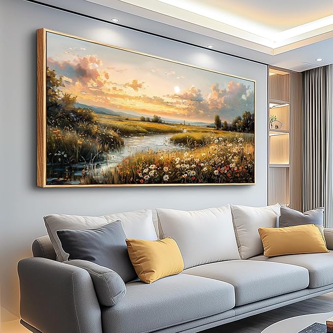 FUHAIHUA Large Wood Framed Wall Decor For Living Room Canvas Wall Art For Office Modern Wall Decorations For Bedroom Sunset Landscape Painting Farmhouse Pictures Artwork Room Home Decor 24x48 In