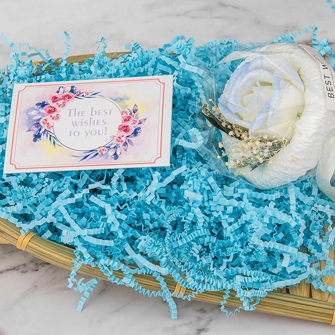 8.5oz Crinkle Paper Filler, Gift Baskets Gift Boxes Crafts Shredded Cut Paper Packaging Decorative Stuffing & Cushioning Confetti for Easter Birthday Wedding Party Favor Blue