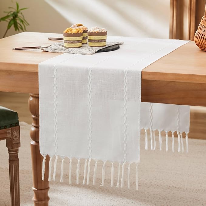 Braided Farmhouse Table Runner, Braided White 13x48 Inch, Cotton Linen Table Runners 48 Inches Long, Embroidered Striped White Boho Table Runner Rustic Home Decor