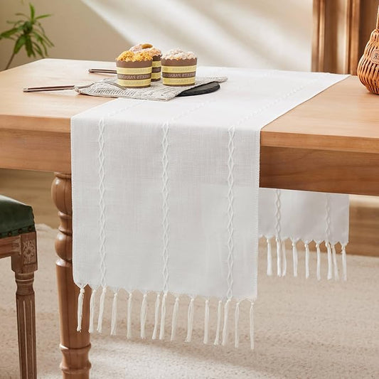 Braided Farmhouse Table Runner, Braided White 13x60 Inch, Cotton Linen Table Runners 60 Inches Long, Embroidered Striped White Boho Table Runner Rustic Home Decor