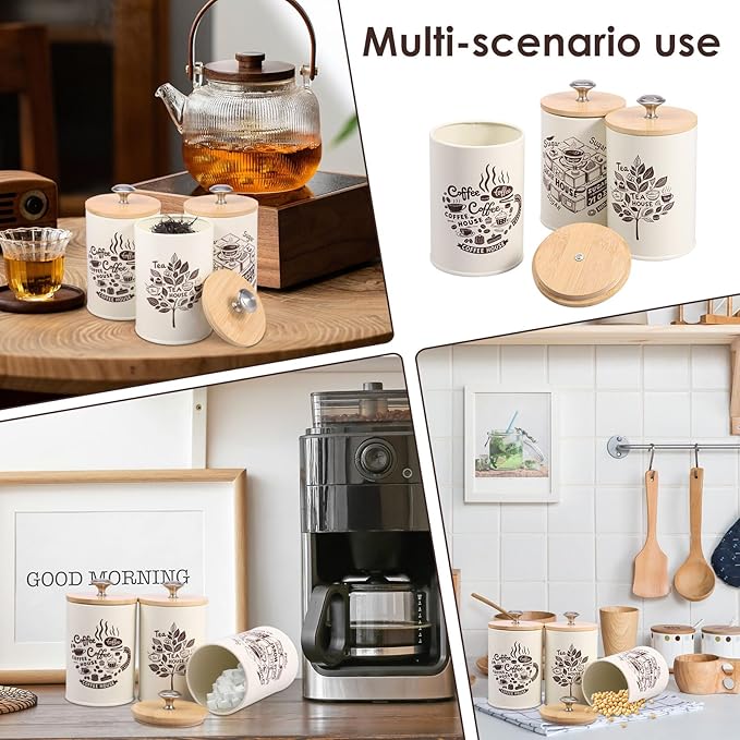 3 Pcs Vintage Tea Coffee Sugar Canister Set with Bamboo Lid, 30 oz Metal Vintage Coffee Tea Sugar Container Set for Home Countertop Pantry Farmhouse Decor