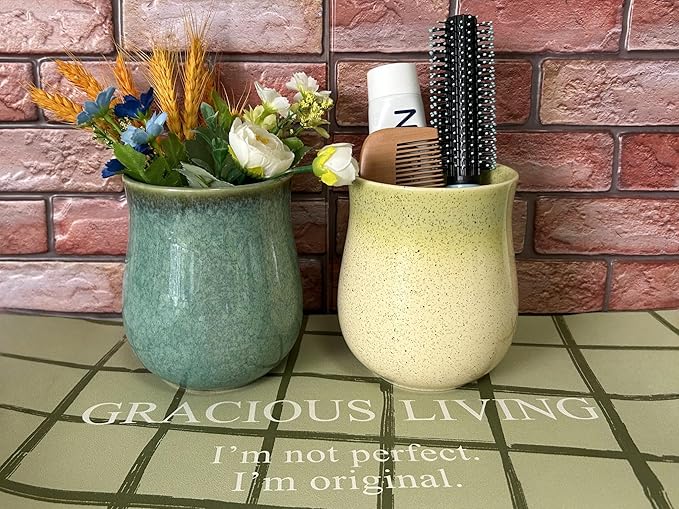 Medium Ceramic Kitchen Utensil Holder for Kitchen Counter Short Cooking Utensil Holder for Countertop Spatula Holder Small Utensil Crock Cutlery Holder Silverware Caddy Flower Vase (Yellow Green)