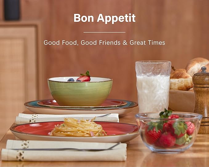 ONEMORE Plates and Bowls Set 12 Pcs,Stoneware Dinnerware Sets for 4 Microwavable,Oven & Dishwasher Safe Porcelain,Scratch Resistant Dishes Set