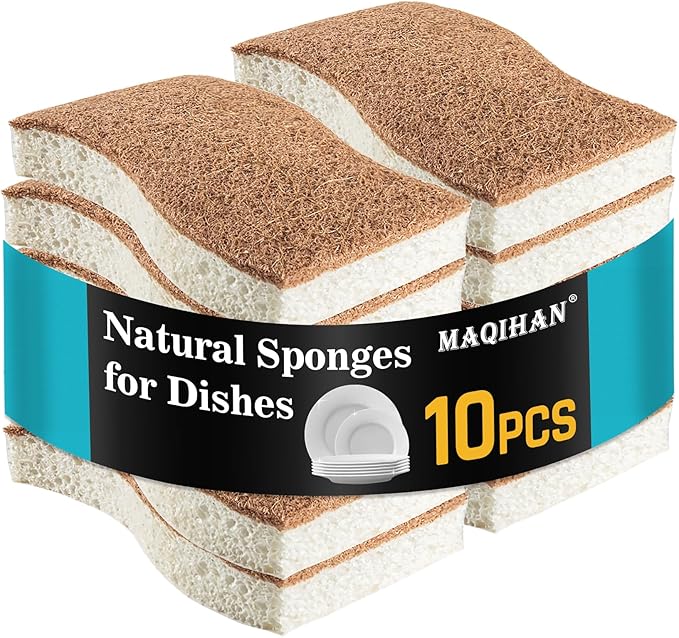 MAQIHAN 10PCS Natural Sponges for Dishes - Biodegradable Sponges Kitchen Eco Friendly Dish Sponge Non-Scratch Sponges for Cleaning Kitchen