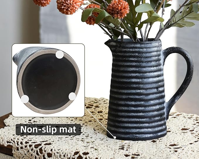 Quoowiit Ceramic Rustic Vase with Handle, Black Distressed Decorative Farmhouse Pitcher Vase for Home Decor Living Room Bedroom Kitchen Office Shelf Decor Centerpiece Table Decoration