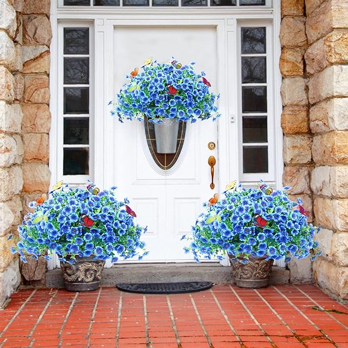 20 Bundles Artificial Flowers for Outdoors‌ with 6 Faux Butterflies, UV Resistant Fake Flowers‌ with Eucalyptus Leaves, Artificial Plants Outdoor‌ for Patio Garden Porch Home Decor (Blue)
