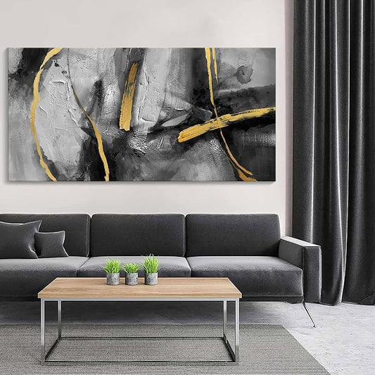 Large Canvas Wall Art Decor - Abstract Black and Gray Wall Pictures Living Room Hand-Painted Dream Painting Golden Canvas Prints as Bedroom Kitchen Dining Room Cafe Home Decor 24X48 In