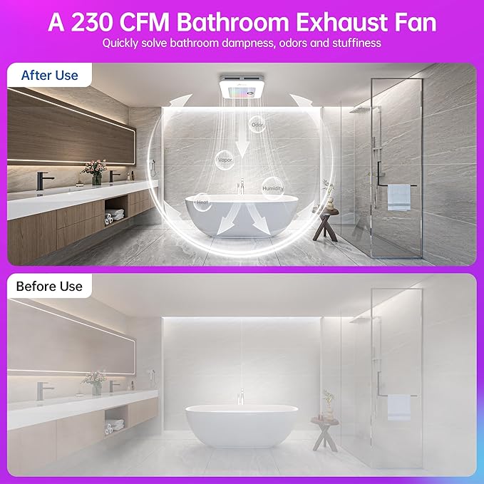 Bathroom Exhaust Fan with Bluetooth Speaker, 230 CFM 1.0 Sone Bathroom Exhaust Fan with Light, 3 Dynamic Light, 7 LED Color, 3 Color Temperatures, Nightlight,Remote, Easy Install (Ivory)