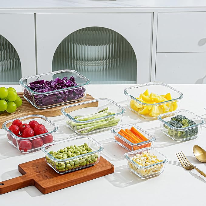 8-piece glass food storage container, glass pre meal preparation container, with sealing cover, suitable for use in microwave ovens, ovens, refrigerators, and dishwashers