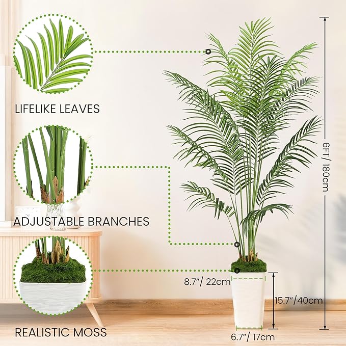 6FT Artificial Palm Tree, Tall Fake Tropical Areca Plant with White Square Planter for Indoor Outdoor Home Decor, Realistic Faux Palm Tree for Living Room, Office, Porch, Garden