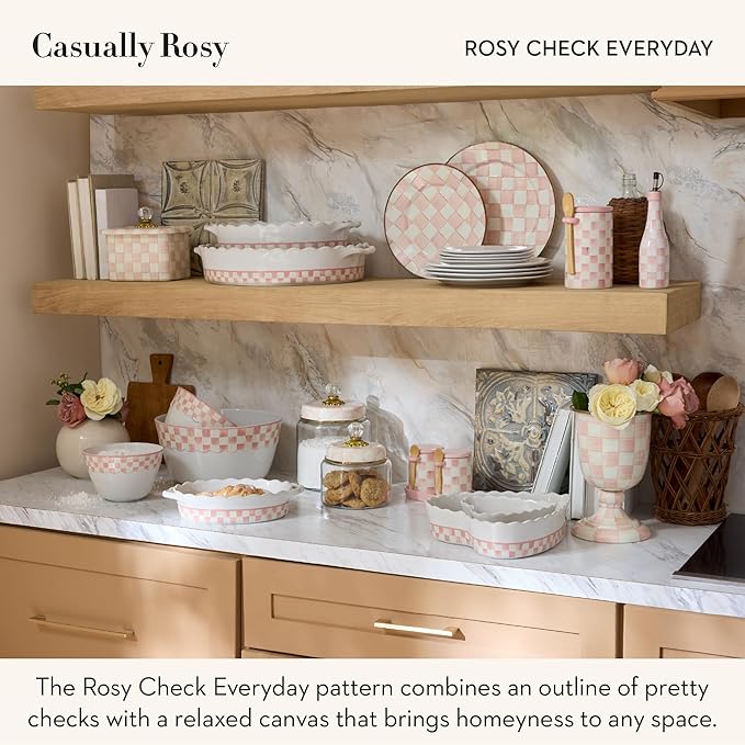 MACKENZIE-CHILDS Set of 3 Everyday Mixing Bowls, Small, Medium, and Large Stoneware Bowls for Kitchen Use, Pink-and-White Rosy Check