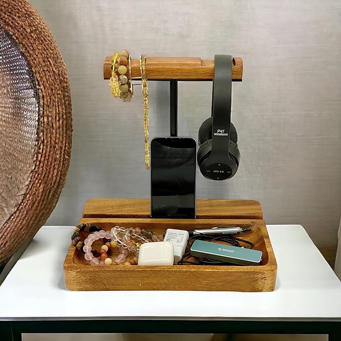 Dual Headphone Stand, Solid Acacia Wood Headset Holder for 2 Headphones, Cell Phone & Tablet, Desk Organizer Tray for iPhone, iPad, Bose, Sony, Beats, Sennheiser, Gaming & Office Desk Setup