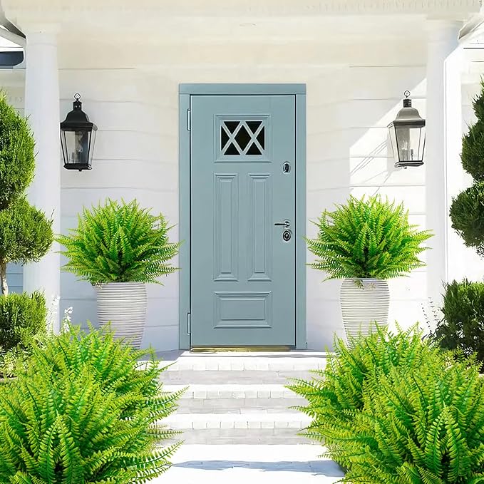 Ouddy Decor 12 Bundles Artificial Boston Ferns Artificial Plants Outdoor Greenery Stems Faux Shrubs UV Resistant for Garden Front Porch Table Window Box Home Decorations