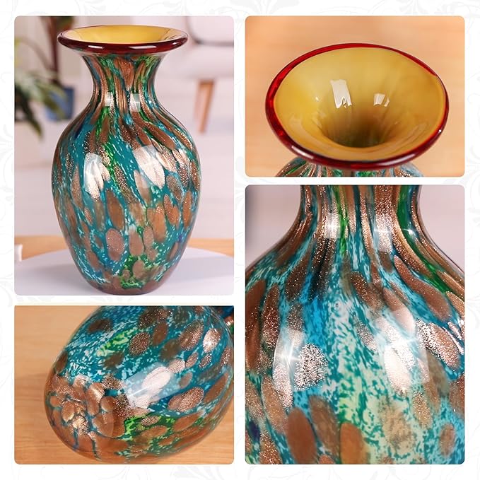 KAMMAK Colored Glass Vase, Beautiful Hand Blown Decorative Vase, Modern Art Vase for Flower Mantle Dining Table Centerpiece, Entryway Living Room Wedding Decoration, FH002