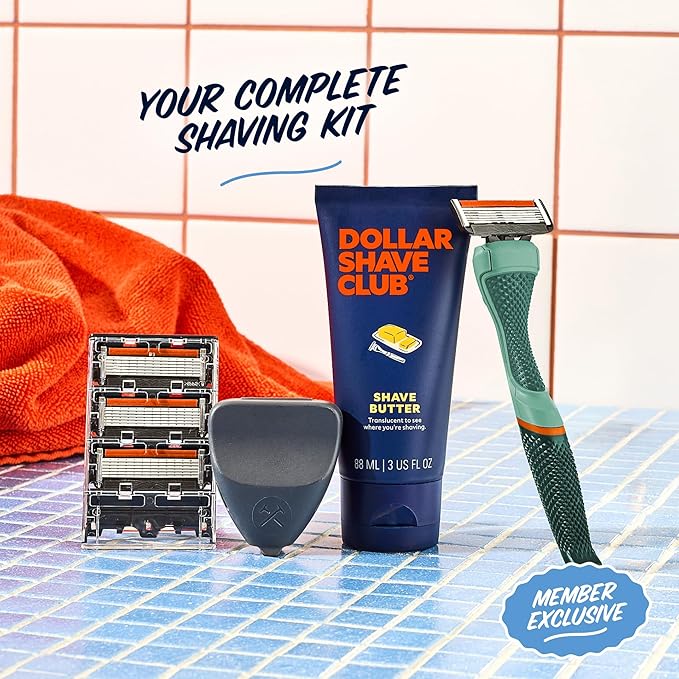 Dollar Shave Club | The Member Exclusive Shave Set | 4 Extra Close Refill Cartridges, 1 Handle (Green), 1 Shave Butter 3 ounce, 1 Razor Cover, Razors for Men