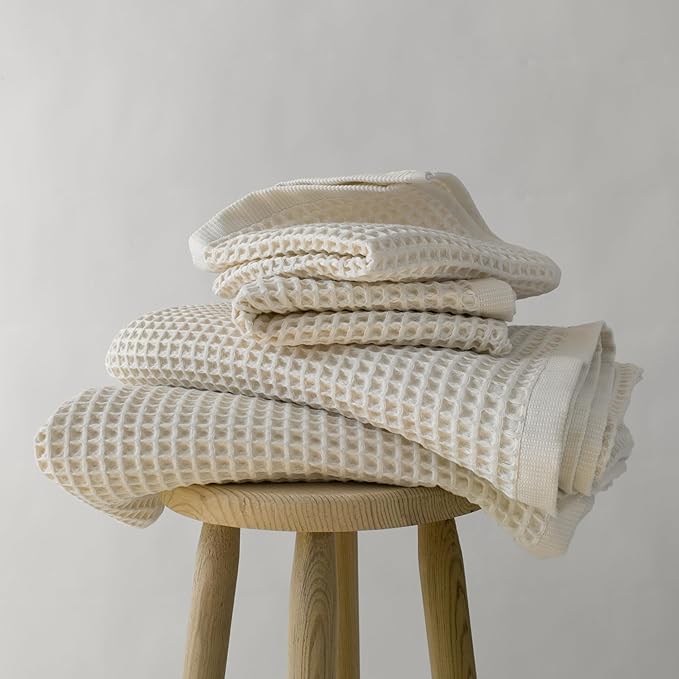 PÜSKÜL - Premium Waffle Towel Set 4 Pieces Natural Raw - Organic 100% Turkish Cotton Quick-Dry Towels for Bathroom Made in Turkiye (Natural Beige, Towel Set - 2 Hand & 2 Bath Towels)