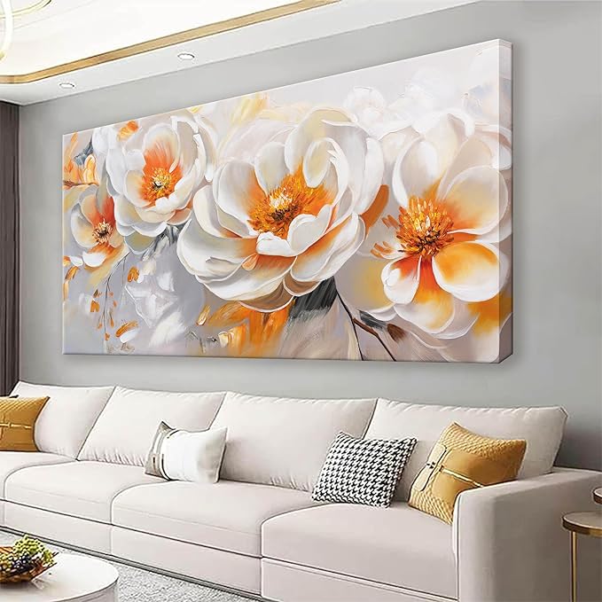 Suconvng Large Wall Art For Living Room Floral Wall Artwork Modern Canvas Art Wall Decor 29" X 58" Painting Orange White Flower Wall Art For Bedroom Home Office Dining Room Home Decoration
