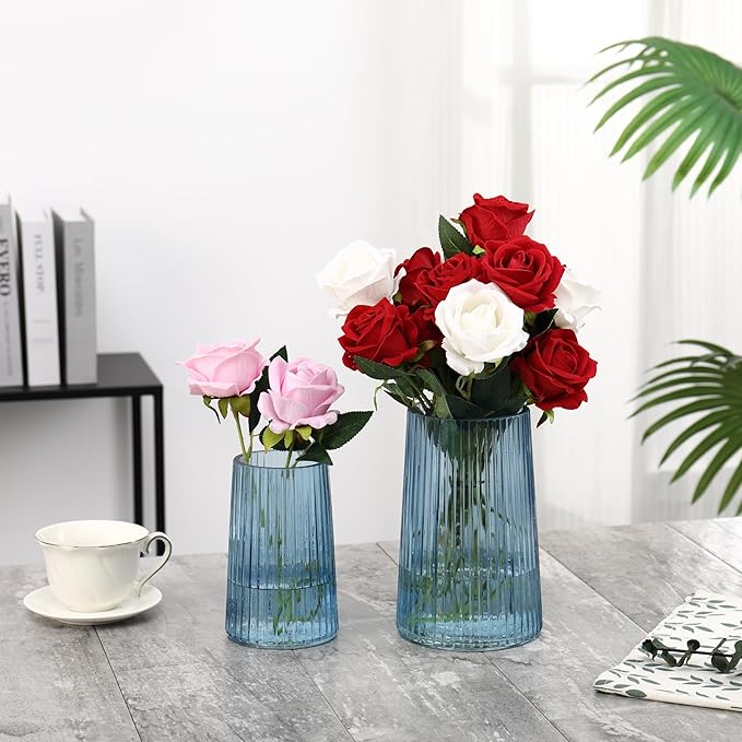 Ribbed Flower Vases Set of 2, Blue Vases for Flowers, Flower Vase for Bouquet, Modern Ribbed Glass Vase for Living Room, Bedroom, Dining Table, Office, Wedding, Centerpieces