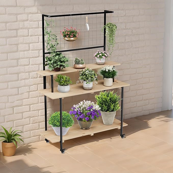 3 Tier Rolling Plant Stand with Lockable Wheels, Adjustable Height Wooden Flower Shelf Indoor Outdoor, 200LB Capacity, Multi Purpose Tall Plant Stand for Home Garden