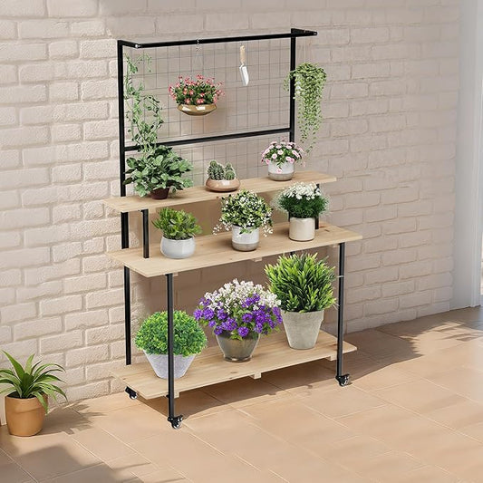 3 Tier Rolling Plant Stand with Lockable Wheels, Adjustable Height Wooden Flower Shelf Indoor Outdoor, 200LB Capacity, Multi Purpose Tall Plant Stand for Home Garden