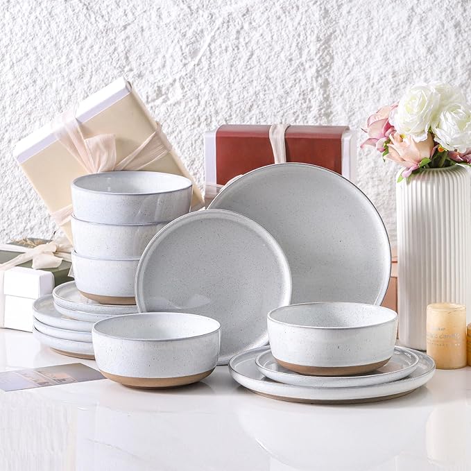 HASENSE Plates and Bowls Sets, 18 Pieces Porcelain Dishes Sets Service for 6, Stoneware Dinnerware Sets with Speckled Pattern, Scratch Resistant Microwave and Dishwasher Safe, Bluish White