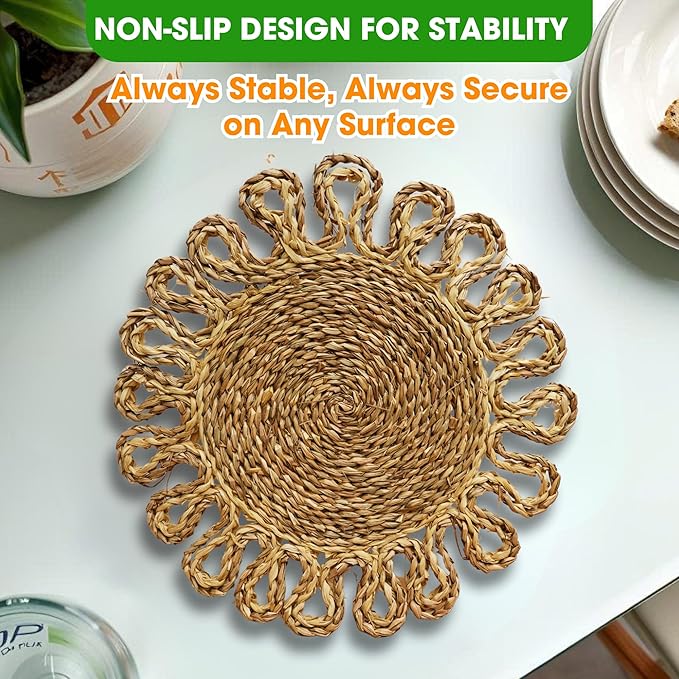 Handmade Round Woven Placemats Set of 6 – Natural Corn Husk Woven Place Mats – Heat Resistant, Non-Slip Wicker Table Mats – Rattan Round Placemats – for Dining, Weddings, Christmas & New Year Décor