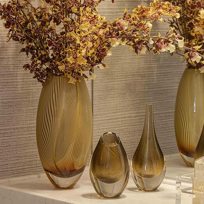 Ca D Oro Murano Style Glass Vase Amber Feather Pattern Hand Blown Art Glass for Flower, Room Decoration and Centerpiece - Model 54 MS