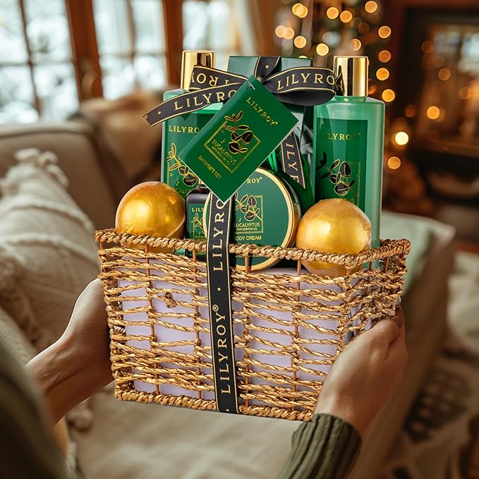 Bath and Body Gift Basket for Christmas - 10-Piece Eucalyptus Luxury Spa Set for Women & Men, Relaxation Ideal for Mothers Day, Father’s Day, Birthday with Shower Gel & More for Her & Him