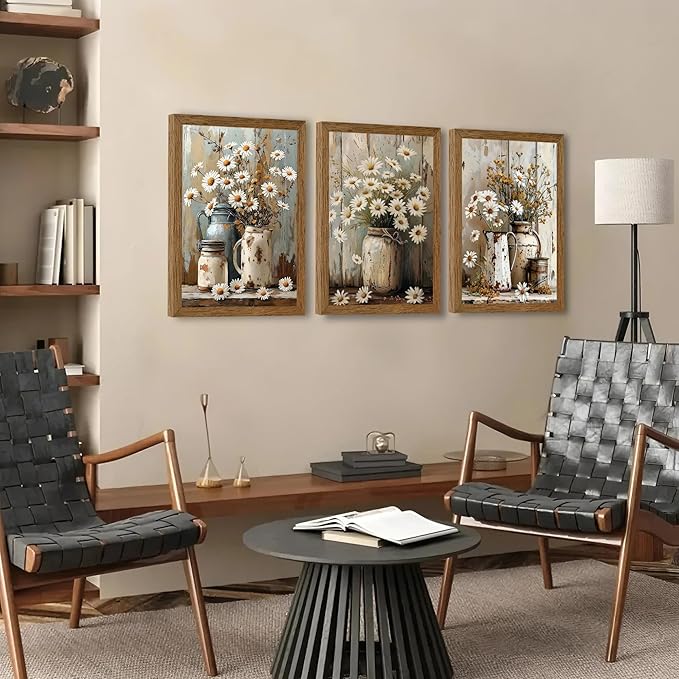 InspiredHues 3 Piece Elegant Farmhouse Canvas Wall Art, Vintage Floral Pictures Wall Decor, Nature Themed Daisy Artwork Prints for Living Room Bedroom Kitchen Home Decoration 12x16 Inch Wood Framed