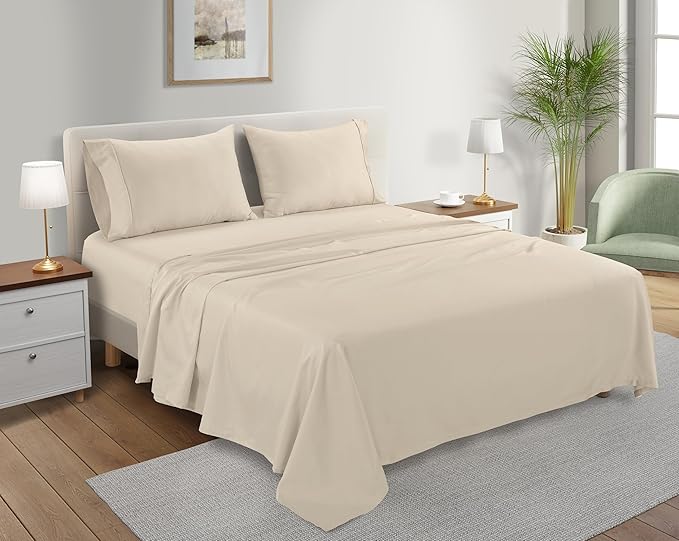 Queen Sheet Set - 300TC Organic Cotton Bedding Sheets & Pillowcases - Soft, Durable and Luxurious 4PC Sateen Weave Ivory Bed Sheets for Queen Size Bed, No Pill & Shrink Thick Machine Washable