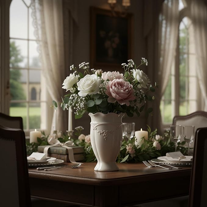 hjn White Ceramic Vase- French Flower Vase for Decor Small Vintage Vases for Flowers/Home Decoration/Kitchen/Table/Living Room/Shelf/Mantel/Office-Height-6.8"