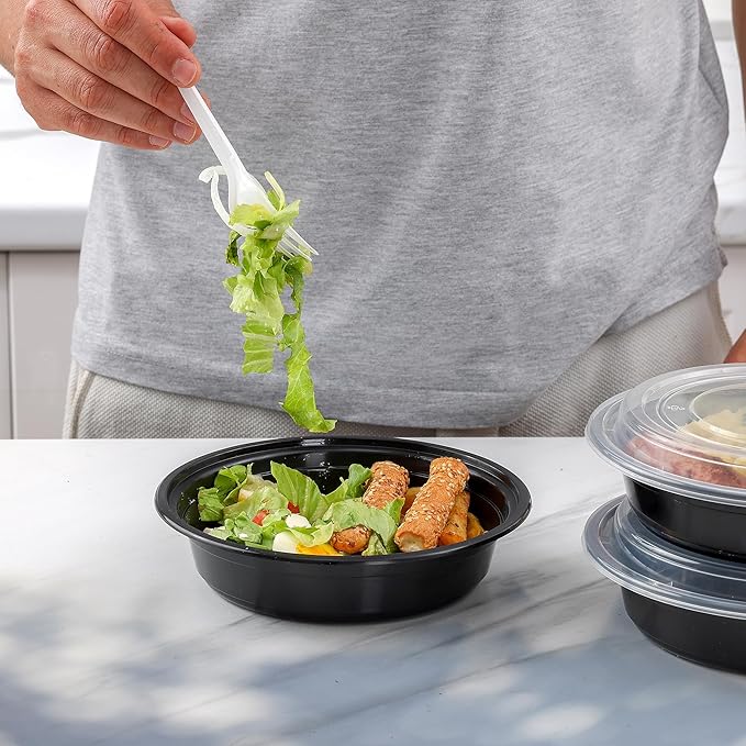 GUSTO [24 oz - 50 Count Round Meal Prep Containers with Lids – Reusable, Microwaveable, Dishwasher & Freezer Safe, BPA-Free Food Storage Containers for Portion Control (Formerly Comfy Package)