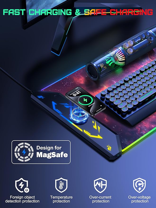 TopMade Wireless Charging Mouse Pad, RGB Gaming Mousepad, 35.4" x 15.8" Extra Large Waterproof Keyboard Desk Pad, Computer Desk Mat, Red Nebula (Includes 20W PD Power Adapter & 6.56ft Woven Cable)