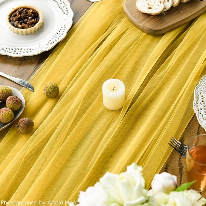Artoid Mode Yellow Gauze Table Runner 120 Inch 10FT, Seasonal Sheer Kitchen Dining Holiday Wedding Birthday Baby Shower Table Decor for Home Party
