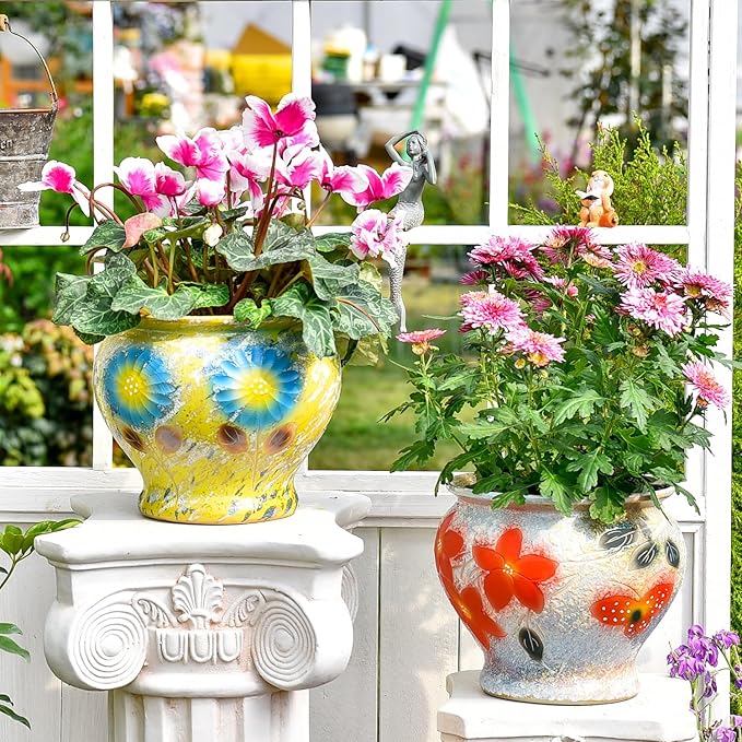 Sungmor Ceramic Hand Painted Succulent Flower Pots, 9 Inch Large Pottery Pots for Indoor Outdoor Plants, Decorative Ceramic Vase for Flower Arrangement Home Decor, Vintage Centerpieces Flowerpot