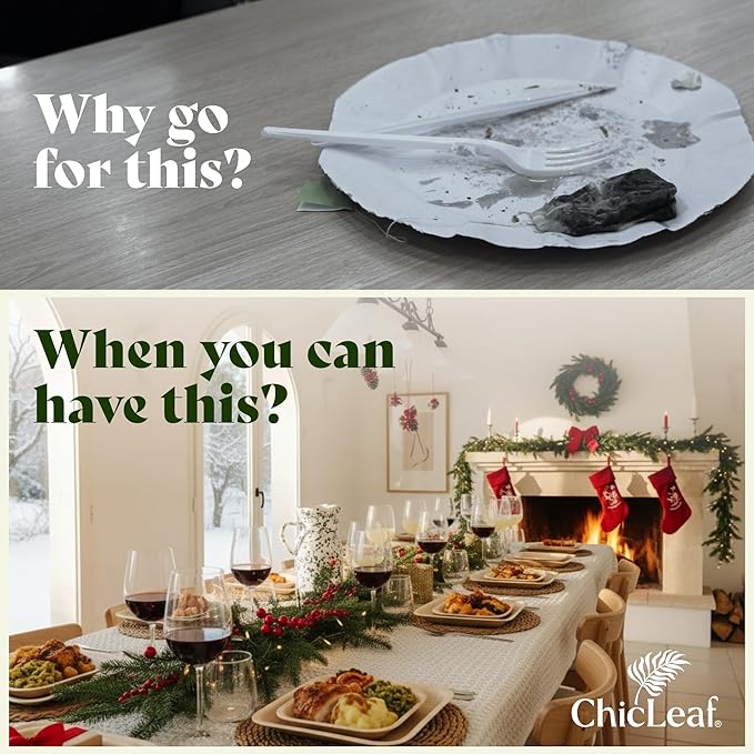 Chic Leaf Palm Leaf Disposable Bamboo Plates – Square, Biodegradable & Compostable Party Plates for Weddings, Parties & Events, Christams Dinner Turkey Meal Holiday - Disposable Platter (10", 20 Pack)