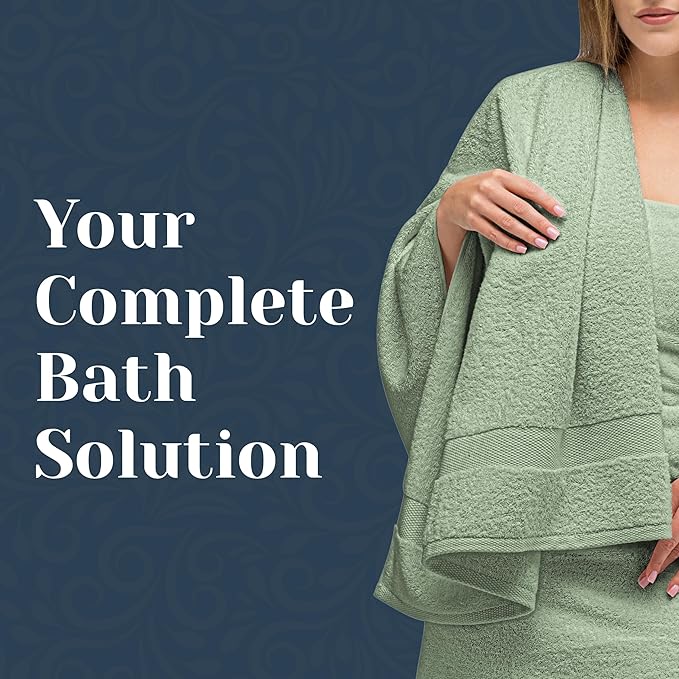 White Classic Luxury Bath Towel Set of 8 Pieces - 100% Turkish Cotton Highly Absorbent Towels for Bathroom, 2 Luxury Bath Towels 700GSM, 2 Hand Towels, 4 Washcloths, Green