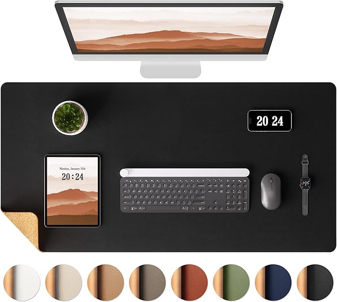 Aothia Dual-Sided Desk Pad - 25.6x13.7 inches Leather Desk Mat, Natural Cork Desk Pad Protector, Large Mouse Pad for Desk, Waterproof Desk Blotter Pad, Desk Writing Pad for Office Work/Home, Black