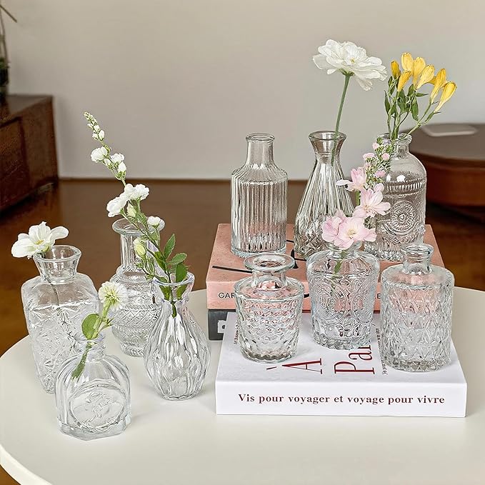 Glass Bud Vase Set of 10 Pcs Small Minimalist Vases for Flowers, Vintage Rustic Home Decor for Table Centerpiece Wedding Party, Modern Clear Aromatherapy Bottle for Living Room Bedroom