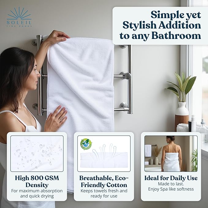 Soleil Fine Goods Luxurious 800 GSM 100% Cotton Bath Towel Set (4-Pack, 27x54) - Heavyweight & Ultra Absorbent, Plush Softness for Bathroom | Hotel & Spa Quality Luxury Towels- White