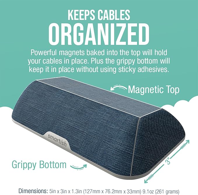 Smartish® Magnetic Cord Holder - Bigger Cable Wrangler Stocking Stuffer Organizer with Magnet Clips for Charger Management on Desktop, Nightstand - Holds 6+ Cables - Blue Jeanie