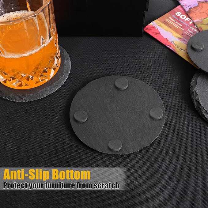 12 Pack Slate Drink Coasters with Metal Holder, VIBRATITE 4 Inch Black Slate Stone Coasters Bulk Laser Engraving Blanks with Anti-Scratch Bottom for Drink Coffee Bar Kitchen Home Decor, Round