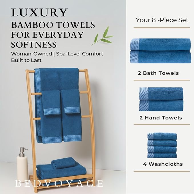 BedVoyage Luxury Bath Towels Set of 8 - Ultra Soft Plush Bathroom Towel Set - Highly Absorbent Viscose from Bamboo Bath Towels Ultra Soft - Spa Towel for Body - Indigo