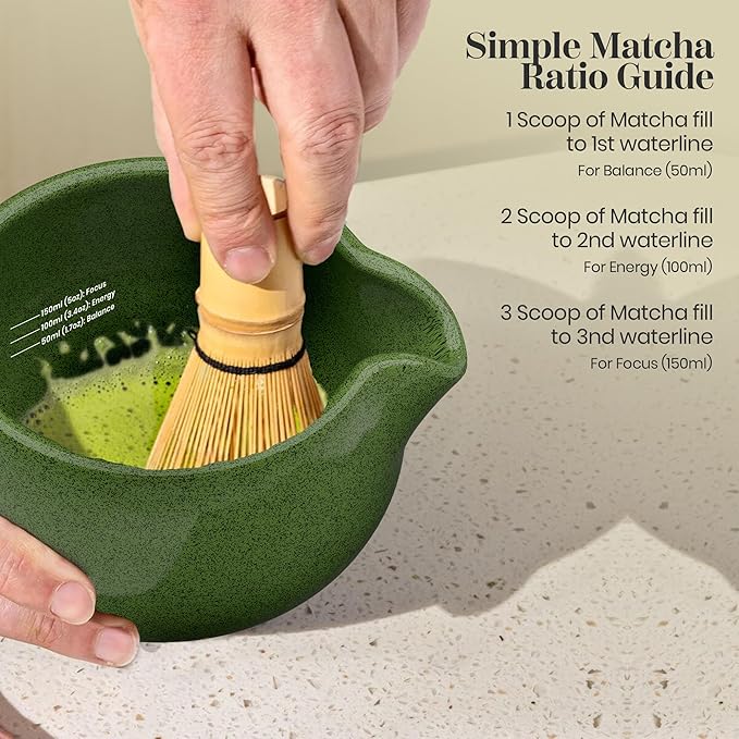 NEXTLUXE Matcha Whisk Set – Traditional Bamboo Chasen with Ceramic Bowl, Matcha Bowl and Whisk Kit - Measurement Lines, Spoon & Lid – Green