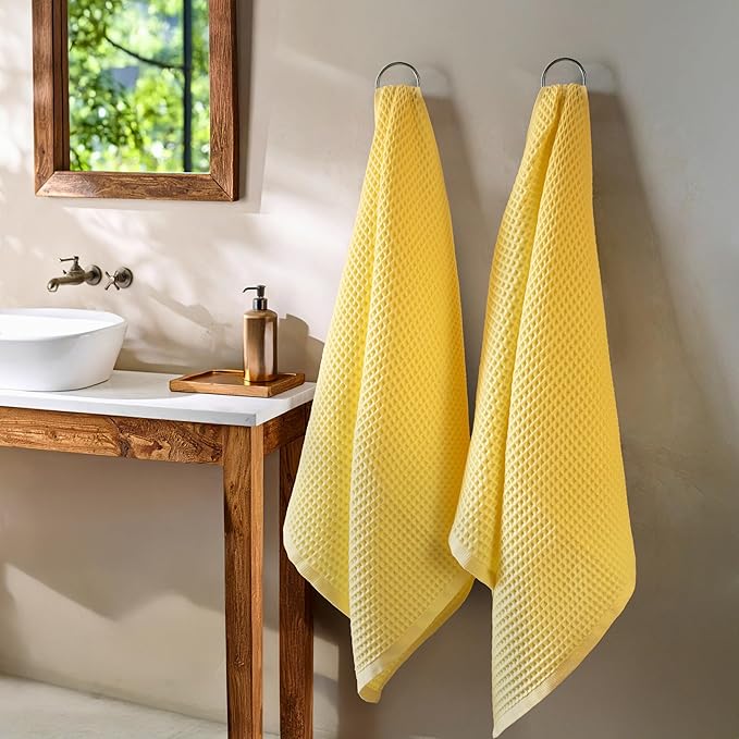 PÜSKÜL Premium Waffle Bath Towels Set of 2 - Organic 100% Turkish Cotton Bath Towel - Quick Dry, Absorbent, Light, Thin, 32x63 Large Waffle Towels for Bathroom (Yellow Bath Towels - Pack of 2)